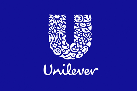 unilever logo i hvid med blå baggrund. Har et grafisk U med mønster